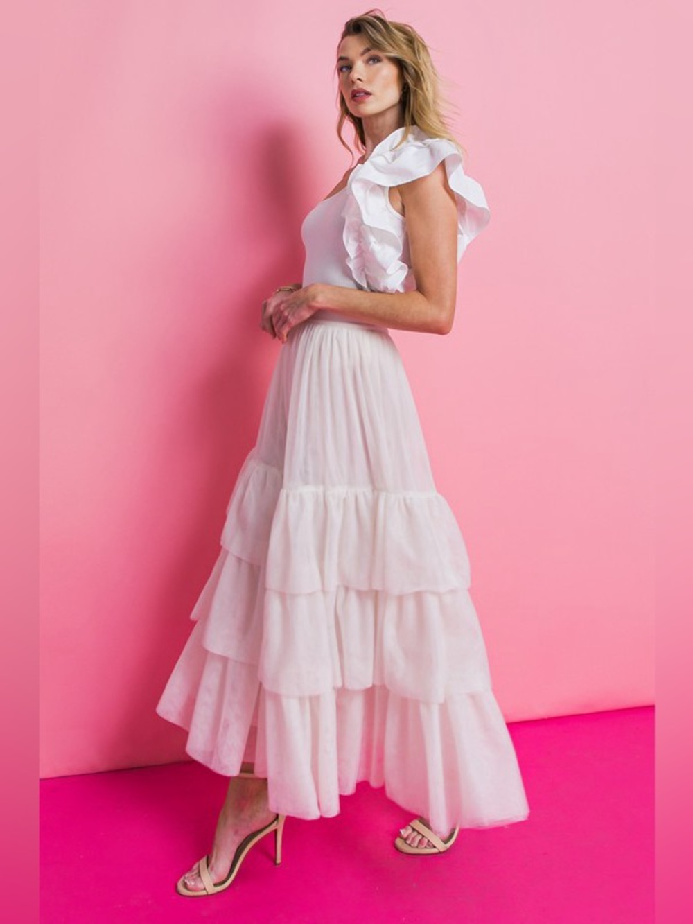 NWT Luxury Off White Tiered Ruffle Soft Tulle Lined Maxi Skirt - Picture 2 of 6